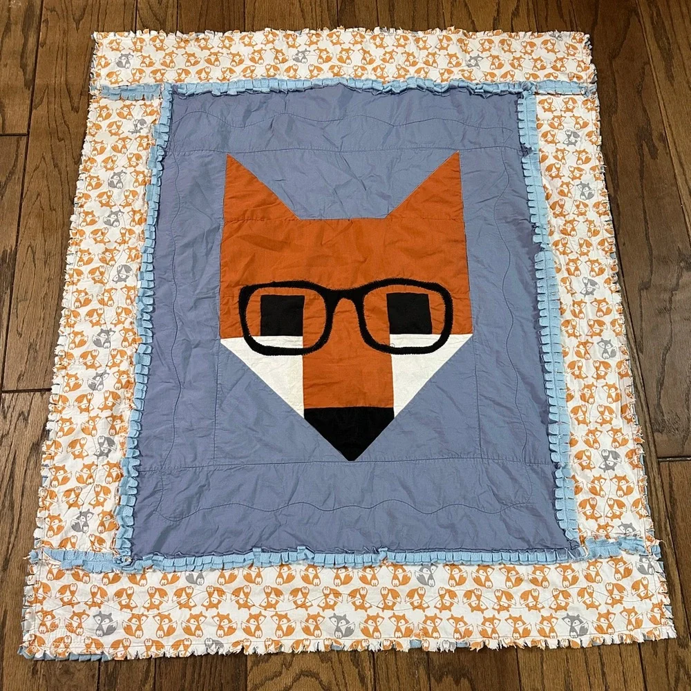 Handmade Fox Wearing Glasses Baby Blanket Quilt 36x42” Blue Orange Foxes